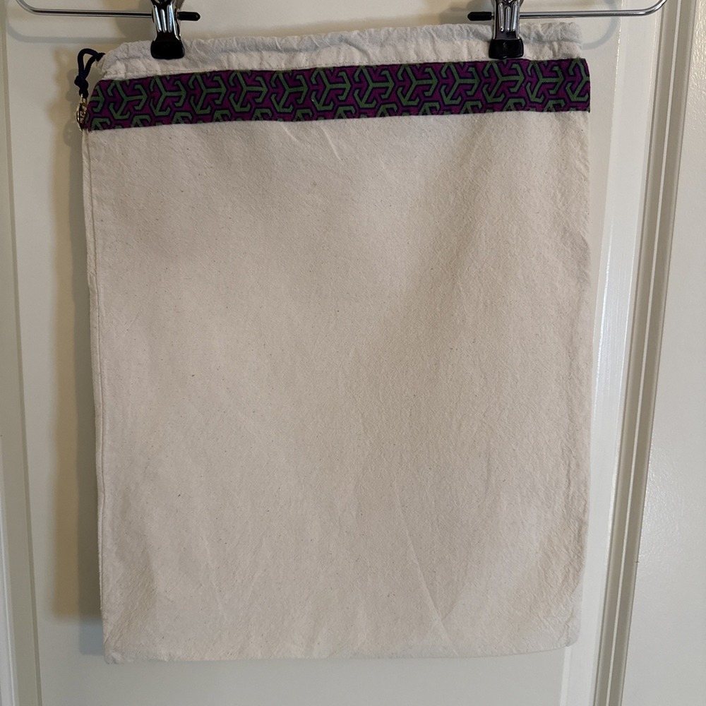 Tory Burch Cream Canvas Dust Bag With Purple And Green Accent Gold‎ Logo  12x16